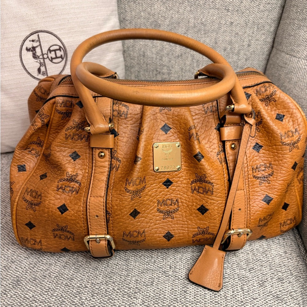 MCM Cognac Leather Satchel with Logo Details - Picture 2 of 11